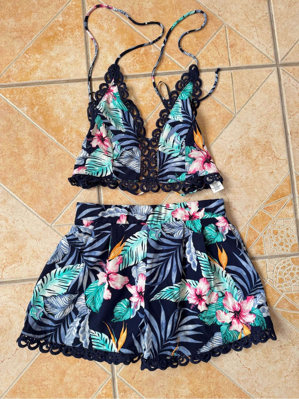 a'gaci Navy Floral Crochet Trim Two-Piece Romper Set